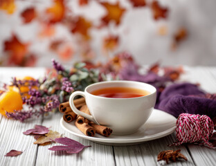 A cup of warm tea with cinnamon sticks rests on a coaster, surrounded by colorful autumn leaves and soft textures, evoking warmth and comfort