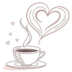 Coffee cup with heart shaped steam and hearts saucer