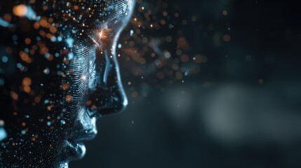 Side view of a digital human face with glowing particles against a dark abstract background