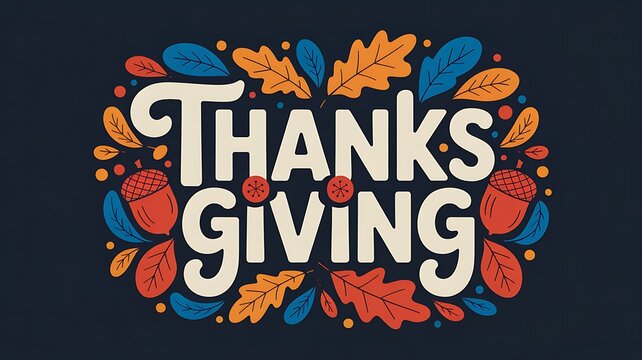 Festive thanksgiving lettering surrounded by colorful autumn leaves and acorns on a dark background celebrating the harvest season