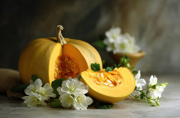 Bright yellow pumpkin is cut in half, showcasing its seeds, with white flowers and green leaves elegantly arranged around it