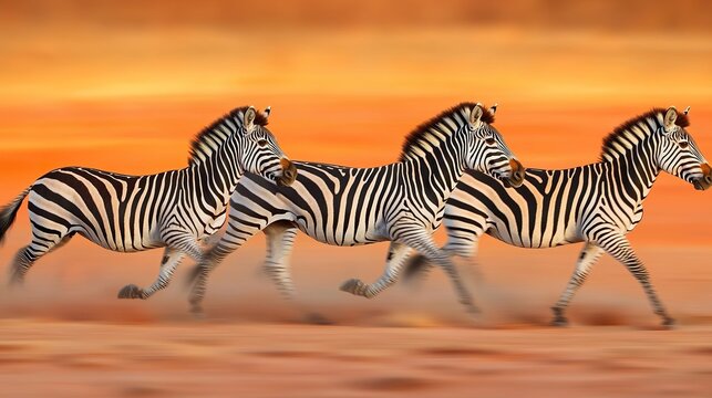 Herd of zebras galloping across savannah, stripes blurring, dynamic motion, vibrant