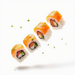 Fresh sushi rolls with salmon, cucumber, and rice, artfully arranged with chopped green onions on white background. Japanese cuisine, healthy food, and gourmet dining concept for menu