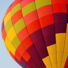 Bright colorful hot air balloon closeup with geometric patterns in the blue sky. Adventure, journey, and freedom concept for poster, banner, childrens illustration, travel, or holiday design