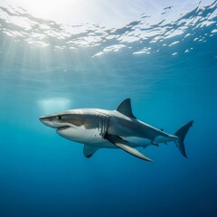 Obraz premium Powerful Great White Shark Swimming in Deep Blue Ocean 