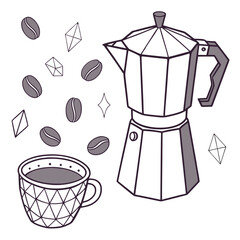 Geometric coffee maker and cup with beans coffee cup