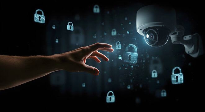 hand reaching toward digital security padlocks and surveillance camera on dark background. Concept of data privacy, control, cybersecurity, and personal information protection