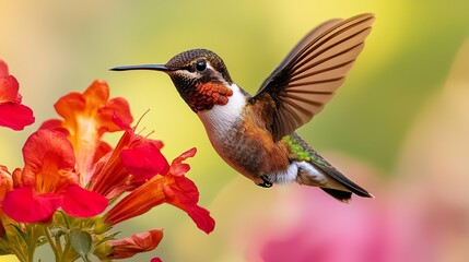 Fototapeta premium Hummingbird hovering delicately near a colorful flower, rapid wings, vibrant, macro-like