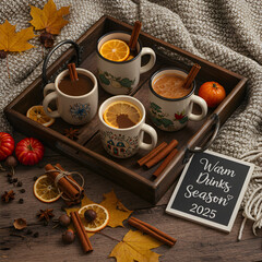 Cozy arrangement of four autumn mugs with hot drinks garnished with cinnamon sticks and citrus, rustic tray, fall foliage and spices, warm drinks season, for seasonal menu