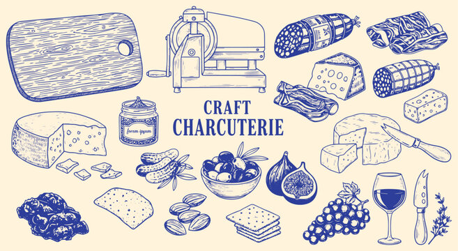Vintage charcuterie board illustration set in a blue engraving style. Hand-drawn craft meat, cheese, wine, and fruit for gourmet restaurant menus, deli branding, and party food designs.