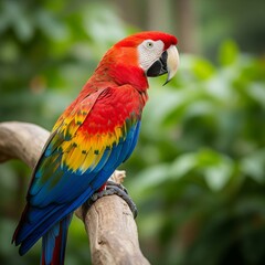 Vibrant Scarlet Macaw Parrot Perched on Tropical Branch
