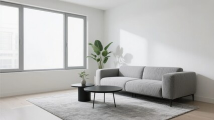 Modern minimalist living room with gray sofa, round tables, and large windows