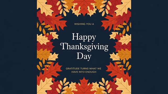 Festive happy thanksgiving day greeting card design with colorful autumn leaves and decorative border on a dark blue background