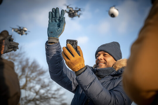 Man controlling a swarm of drones with smart gloves during an outdoor tech demonstration in clear daylight. Realistic clothing and expressions highlight advanced wearable technology background