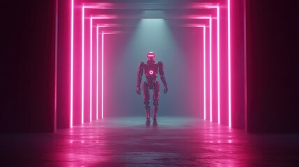 A robot walking down a corridor with pink neon lights illuminating the futuristic scene ahead of the robot
