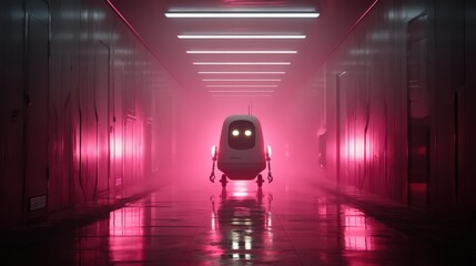 A small robot stands in a hallway with pink lighting and a reflective floor creating a futuristic scene