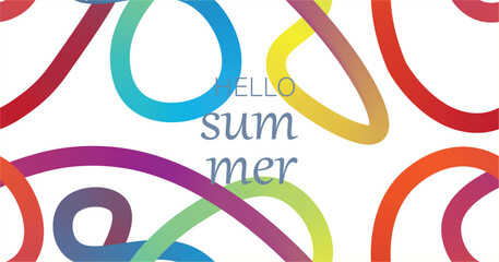 Colorful abstract swirl background with “Hello Summer” text in playful typography. Vibrant overlapping loops in rainbow hues on white backdrop. Perfect for seasonal, promo, or festive designs.