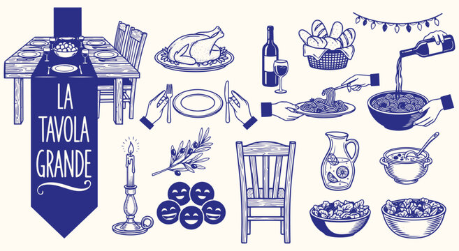 Italian dinner party illustration set with family table, pasta, and wine. Hand drawn feast elements in a vintage line art style for restaurant menus, event invitations, and celebration graphics.