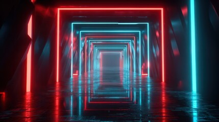 A glowing tunnel of red and blue neon squares receding into the distance on a reflective floor