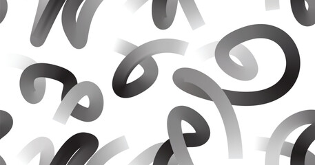 Abstract seamless pattern with 3D swirl shapes in gradient black and white tones. Modern curved elements with dynamic movement on clean background. Ideal for textile, wallpaper, and digital design.