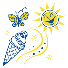 Cheerful sun butterfly and ice cream yellow blue