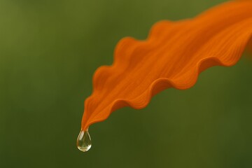 Glistening droplet hanging from the curved tip of an orange petal against a smooth green bokeh backdrop.
