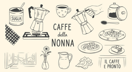 Cozy Italian 'Grandma's Coffee' illustration set with moka pot, biscotti, and kitchen elements. Hand-drawn vintage graphics for nostalgic food blogs, cafe menus, and comforting designs.