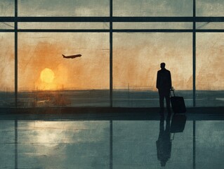 A man in an airport, watching the sunset