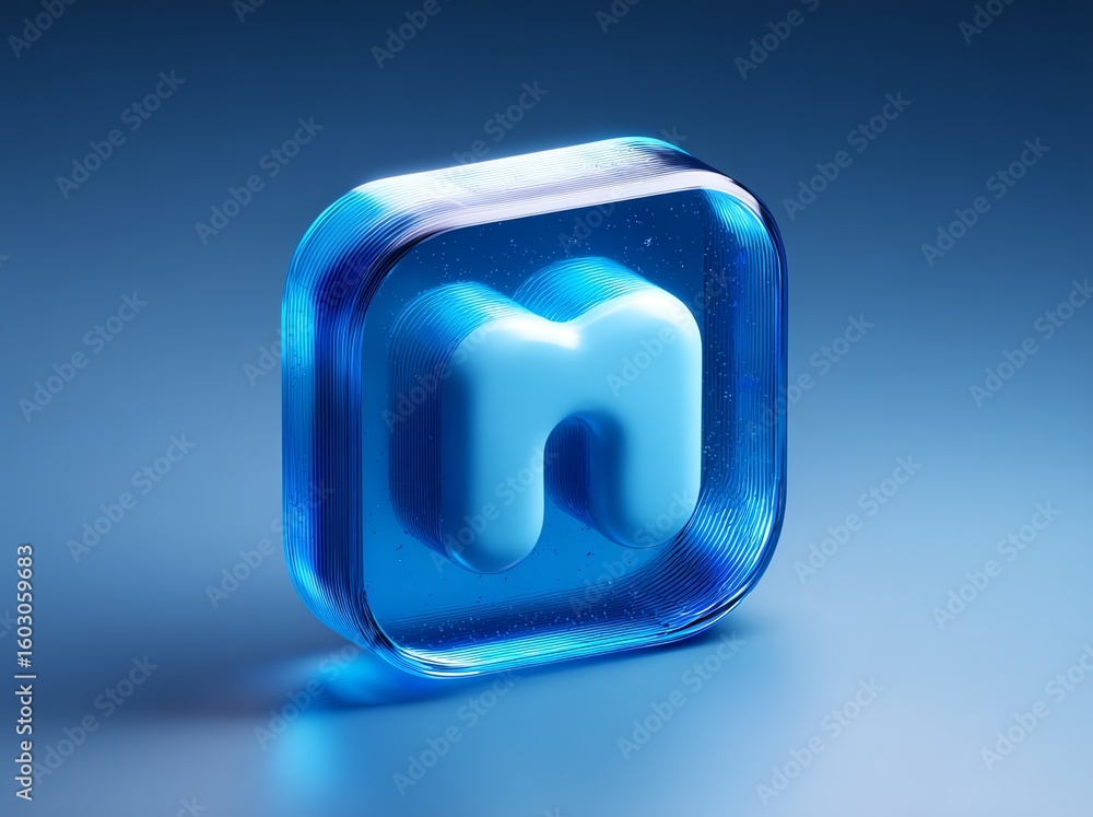 Poster a futuristic 3d icon features a translucent blue layered frame encapsulating a soft, pillowed 'n' sy