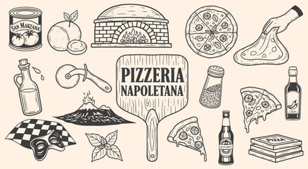 Vintage Neapolitan pizzeria illustration set with wood-fired oven, pizza, and Italian ingredients. Engraving style graphics for authentic restaurant branding, menus, and food packaging.