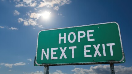 A close up shot of a green highway sign that reads hope next exit against a blue sky with clouds