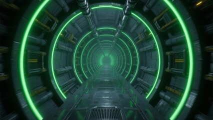 Obraz premium Futuristic Tunnel with Green Neon Lights and Metallic Structure