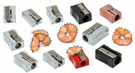 Assorted Pencil Sharpeners in Black, Grey, Red, and Blue with Shavings on a Clean Background