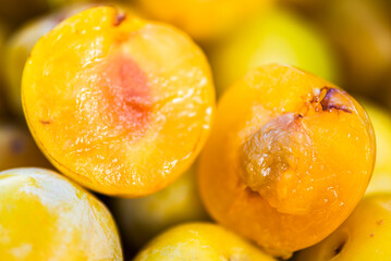 Sliced halves of prunus salicina, fruits of the Japanese plum during harvest, close-up view