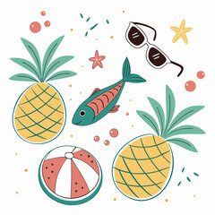 Summer beach vacation elements pineapple fish