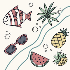 Playful tropical summer illustrations fish pineapple