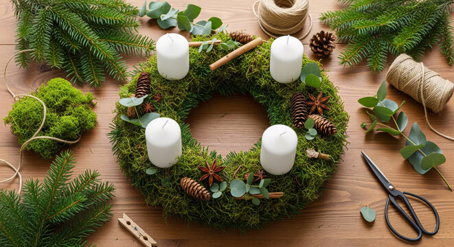 Handmade moss Advent wreath with white candles and natural decorations &ndash; rustic Christmas craft on wooden table

