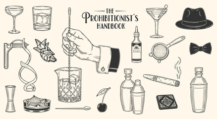 Prohibition era speakeasy and cocktail illustration set in a vintage engraving style. Retro bartender tools, drinks, and 1920s elements for bar menus, invitations, and mixology branding.
