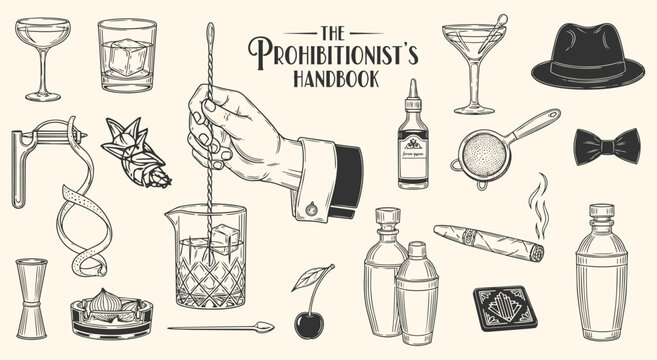 Prohibition era speakeasy and cocktail illustration set in a vintage engraving style. Retro bartender tools, drinks, and 1920s elements for bar menus, invitations, and mixology branding. - Powered by Adobe