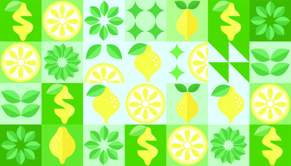 Lemon geometric background. Vector minimalist style pattern. Abstract illustration of lemon, leaves, symbols. Simple icon.	
