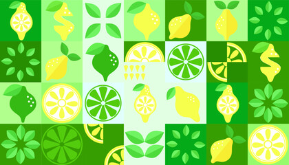 Lemon geometric background. Vector minimalist style pattern. Abstract illustration of lemon, leaves, symbols. Simple icon.	
