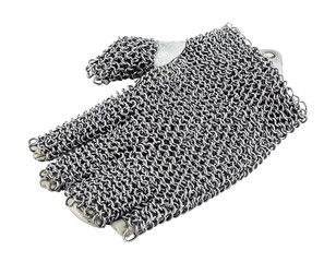 A single, intricate chainmail glove, representing medieval armor, isolated on white.