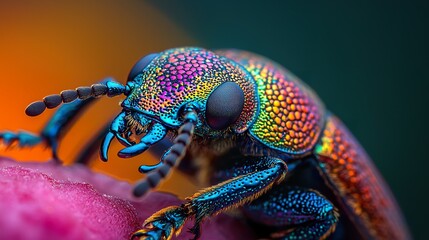 Macro photography of a beetle's hard, iridescent exoskeleton, intricate patterns