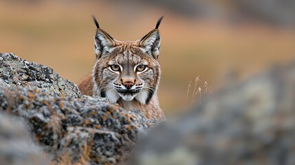 Fototapeta premium Lynx gazing intently from a rocky outcrop, sharp focus, solitary hunter, wilderness