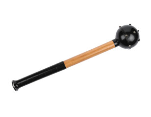 A medieval mace weapon with a wooden handle and spiked metal head, isolated on white.