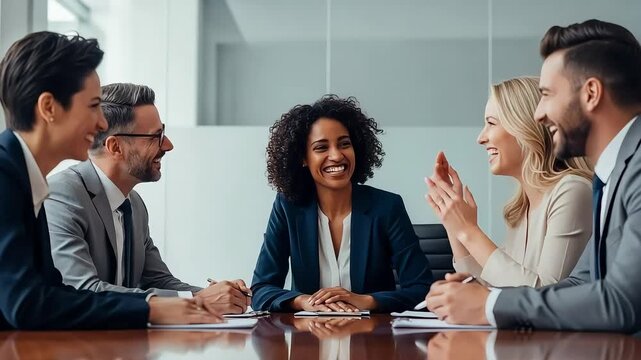 Diverse Business Team Laughing Together During Corporate Meeting In Modern Bright Office