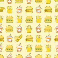 Vibrant cartoon pattern showcasing an assortment of popular fast food items including hamburgers, crispy fries, and refreshing beverages.
