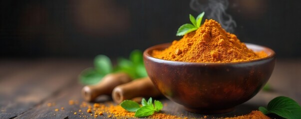 Dark brown bowl overflows with fragrant garam masala , background, ingredient, dark