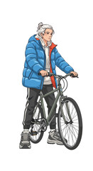 Naklejka premium Person on bicycle with blue winter jacket and casual attire. Person on bicycle stands confidently, ready for ride in city, wearing trendy sneakers and cool hairstyle.