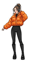 Teen girl listening to music in a bright orange jacket, standing relaxed against a white backdrop. Teen girl enjoying music with headphones and stylish casual attire, as seen in this illustration.